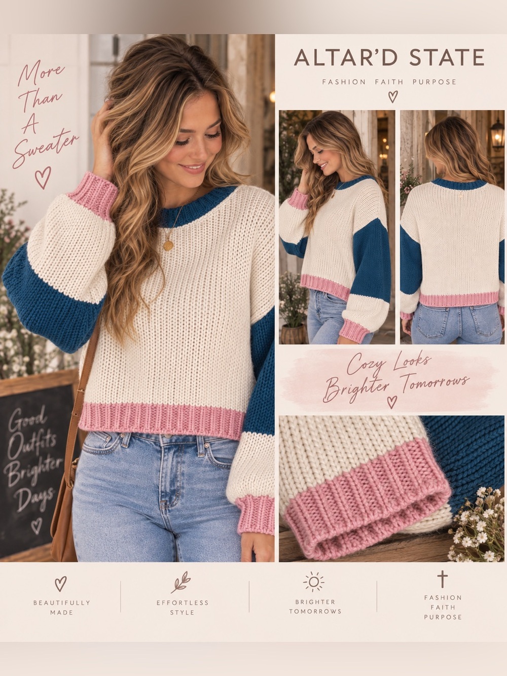NWT Altar’d State Colorblock Cropped Knit Sweater - Pink Blue & Cream